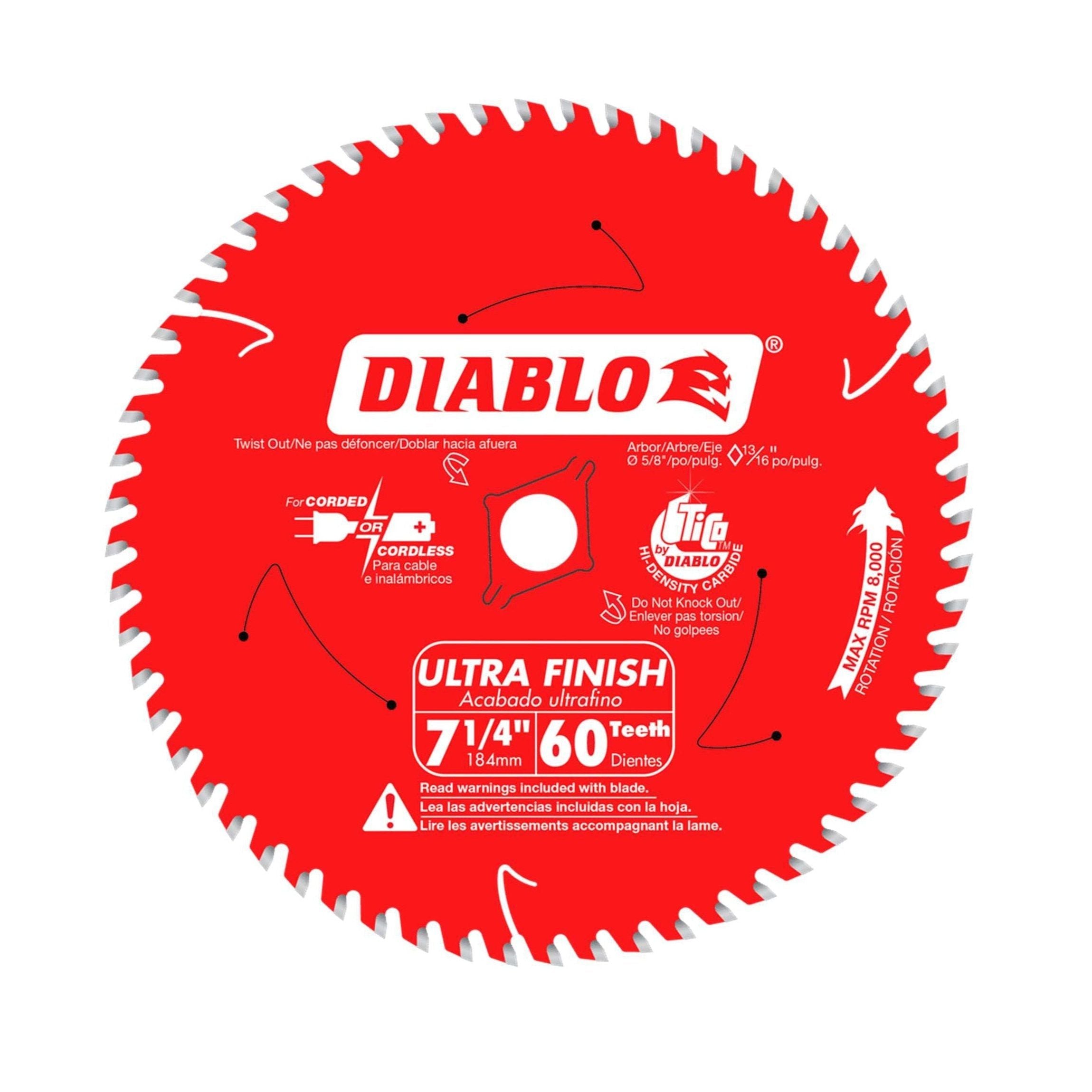 The Diablo DIABLO D0760A 7-1/4 in. x 60-Tooth Ultra Finish Carbide Saw Blade, featuring a red design with a white tooth pattern, ensures chip-free cuts for both corded and cordless saws. Made with premium TiCo Hi-Density carbide and includes torque indicators.
